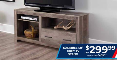 Gambrel 60" Grey TV Stand only $299.99. Comp Value: 405.99.2