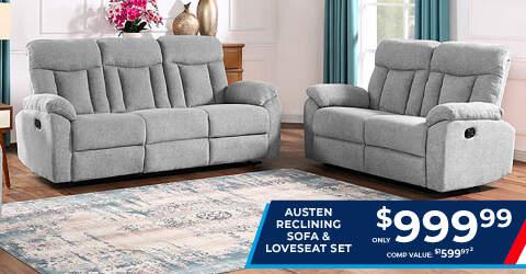 Austen Reclining Sofa and Loveseat Set only $999.99. Comp Value $1599.97