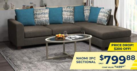 Price drop! $200 off! Naomi 2PC Sectional only 799.88. Comp Value $1499.99
