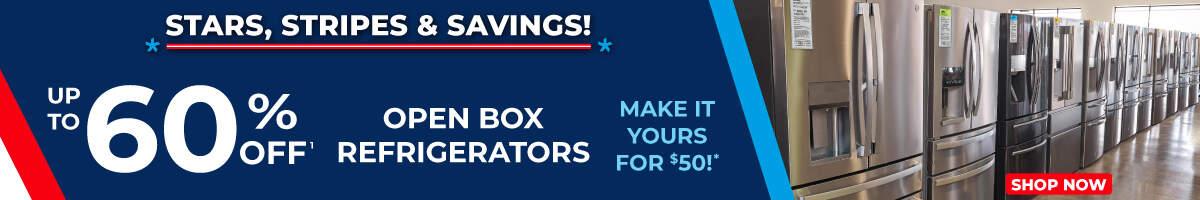 Stars, Stripes & Savings. up to 60% off Open Box Refrigerators Make it yours for $50!