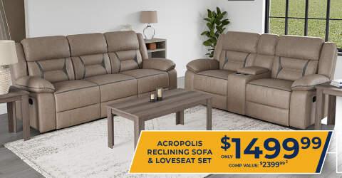 Acropolis reclining sofa and loveseat only $1,499.99. Comp Value $2,399.99