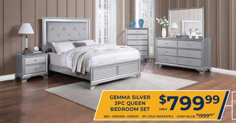Gemma Siver 3PC Queen Bedroom Set. Only $799.99 Bed, Dresser, mirror. 5PC sold separately. comp value $1,999.99.2