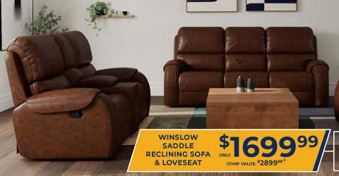 Winslow Saddle Reclining Sofa and Loveseat Only $1,699.99 Comp Value $2,899.99 2